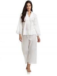 THE LOOKStand collarEmbroidered detail at bib and on cuffsCropped pants with drawstring waistTHE FITTop: about 25 from shoulder to hemPants: rise, about 12; inseam, about 26THE MATERIALCottonCARE & ORIGINMachine washImportedModel shown is 5'10 (177cm) wearing US size Small. THE LOOKStand collarEmbroidered detail at bib and on cuffsCropped pants with drawstring waistTHE FITTop: about 25 from shoulder to hemPants: rise, about 12; inseam, about 26THE MATERIALCottonCARE & ORIGINMachine washImportedModel shown is 5'10 (177cm) wearing US size Small.