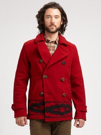 A bold chief makes a stylish statement on the back of a classic double-breasted coat, crafted from luxurious Italian merino wool and accented with a Beacon print above the hem.Button-frontWaist slash pocketsAbout 30 from shoulder to hemMerino woolDry cleanImported A bold chief makes a stylish statement on the back of a classic double-breasted coat, crafted from luxurious Italian merino wool and accented with a Beacon print above the hem.Button-frontWaist slash pocketsAbout 30 from shoulder to hemMerino woolDry cleanImported