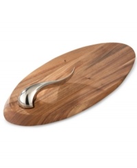 A perfect pairing. Designer Aaron Johnson marries a slab of gorgeous acacia wood with a modern stainless steel knife in the party-perfect Swoop cheese board set from Nambe. A perfect pairing. Designer Aaron Johnson marries a slab of gorgeous acacia wood with a modern stainless steel knife in the party-perfect Swoop cheese board set from Nambe.