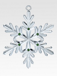 This year's silverplate snowflake is adorned with festive emerald green crystals.4 diameterPresented in satin-lined gift boxImported This year's silverplate snowflake is adorned with festive emerald green crystals.4 diameterPresented in satin-lined gift boxImported
