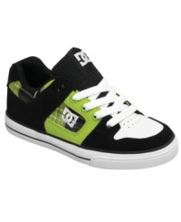 Neon colors and classic DC Shoe construction make these Pure sneakers a fresh look for fall. Neon colors and classic DC Shoe construction make these Pure sneakers a fresh look for fall.