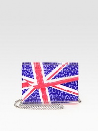 A bright Union Jack flag defines this versatile shape of sleek acrylic. Detachable chain shoulder strap, 21½ dropMagnetic flap closureOne inside open pocketSatin lining6¾W X 5¼H X 1½DMade in Italy A bright Union Jack flag defines this versatile shape of sleek acrylic. Detachable chain shoulder strap, 21½ dropMagnetic flap closureOne inside open pocketSatin lining6¾W X 5¼H X 1½DMade in Italy