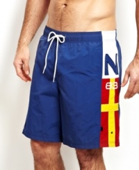 Dive into great beach style with this sailing-inspired swim trunk from Nautica. Dive into great beach style with this sailing-inspired swim trunk from Nautica.