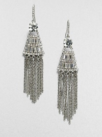 A modern design with dazzling faceted stones and edgy link chain tassels. Glass stonesSilvertoneDrop, about 3.5Hook backImported A modern design with dazzling faceted stones and edgy link chain tassels. Glass stonesSilvertoneDrop, about 3.5Hook backImported