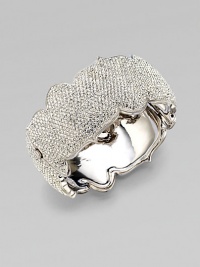 An arresting design that dazzles in plated rhodium. Brass Hinged, box and tongue closure Diameter, about 2¼ Width, about 1¼ Imported An arresting design that dazzles in plated rhodium. Brass Hinged, box and tongue closure Diameter, about 2¼ Width, about 1¼ Imported
