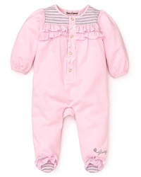 Juicy Couture's cozy stripe footie is replete with ruffles and adorable accents designed to bring true style to your crib. Juicy Couture's cozy stripe footie is replete with ruffles and adorable accents designed to bring true style to your crib.