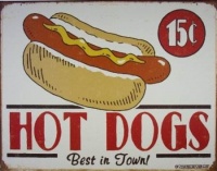 Schonberg Hot Dogs Best in Town 15 Cents Distressed Retro Vintage Tin Sign Schonberg Hot Dogs Best in Town 15 Cents Distressed Retro Vintage Tin Sign