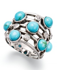Layer it up with this trendy style. Avalonia Road's five-row stacked ring features round turquoise stones (1-1/4 ct. t.w.) mixed with sparkling crystals for a playful look. Set in sterling silver. Size 7. Layer it up with this trendy style. Avalonia Road's five-row stacked ring features round turquoise stones (1-1/4 ct. t.w.) mixed with sparkling crystals for a playful look. Set in sterling silver. Size 7.