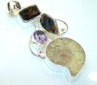 Exotic Ammonite Fossil Silver Tone Pendant - 25.50g of pure Silver Tone Jewelry with Ammonite Fossil Smoky Topaz Amethyst Jasper 2 7/8, 1 1/4, 3/8 inch only ONE pendant available - pendant entirely handmade by the most gifted artisans - one of a kind worl Exotic Ammonite Fossil Silver Tone Pendant - 25.50g of pure Silver Tone Jewelry with Ammonite Fossil Smoky Topaz Amethyst Jasper 2 7/8, 1 1/4, 3/8 inch only ONE pendant available - pendant entirely handmade by the most gifted artisans - one of a kind worl