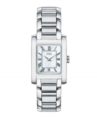 Simple elegance perfect for evenings out or lazy days in, from ESQ by Movado. The Esquire watch is crafted of stainless steel bracelet and rectangular case. Mother-of-pearl dial features black Roman numerals, two silver-tone hands and logo at twelve o'clock. Swiss quartz movement. Water resistant to 30 meters. Two-year limited warranty. Simple elegance perfect for evenings out or lazy days in, from ESQ by Movado. The Esquire watch is crafted of stainless steel bracelet and rectangular case. Mother-of-pearl dial features black Roman numerals, two silver-tone hands and logo at twelve o'clock. Swiss quartz movement. Water resistant to 30 meters. Two-year limited warranty.