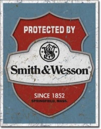 Protected by Smith and Wesson Distressed Retro Vintage Tin Sign Protected by Smith and Wesson Distressed Retro Vintage Tin Sign