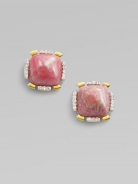 Sparkling white sapphires and 18k goldplated sterling silver surround a pretty sugarloaf-shaped rhodochrosite center. White sapphiresRhodochrosite18k goldplated sterling silverSize, about ½Surgical steel post backImported 