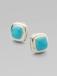 From the Albion Collection. A brilliantly colored cushion of turquoise sits within an elegant setting of sterling silver. Turquoise Sterling silver About ½ square Post back Made in USA