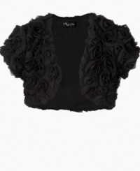 For fun and flowery coverage that's just enough, throw on this cute and cropped rosette shrug for a look that's blossoming with style. For fun and flowery coverage that's just enough, throw on this cute and cropped rosette shrug for a look that's blossoming with style.