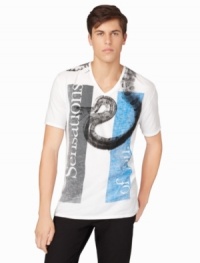 A funky graphic and a v-neck design give this Calvin Klein Jeans tee a sleek style. A funky graphic and a v-neck design give this Calvin Klein Jeans tee a sleek style.