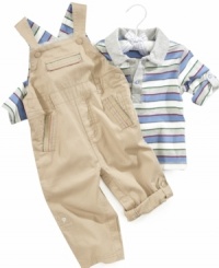 He'll look overall adorable in this sweet striped tee and coverall set by First Impressions. He'll look overall adorable in this sweet striped tee and coverall set by First Impressions.