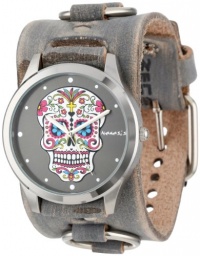 Nemesis Women's FRB925K Punk Rock Collection Black Sugar Skull Leather Cuff Band Watch