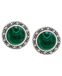 Look glamorous in green. Genevieve & Grace's round earrings, set in sterling silver, feature synthetic malachite (1-3/4 ct. t.w.) and marcasite to stunning effect. Approximate diameter: 5/8 inch. Look glamorous in green. Genevieve & Grace's round earrings, set in sterling silver, feature synthetic malachite (1-3/4 ct. t.w.) and marcasite to stunning effect. Approximate diameter: 5/8 inch.