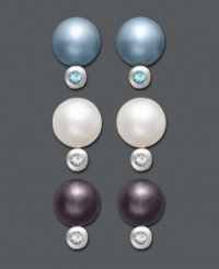 Pick and choose from three pairs of elegant pearl earrings. Fresh by Honora stud set features blue, white, and eggplant-colored cultured freshwater pearls (7-1/2-8 mm) with bezel-set blue and white topaz accents. Set in sterling silver. Pick and choose from three pairs of elegant pearl earrings. Fresh by Honora stud set features blue, white, and eggplant-colored cultured freshwater pearls (7-1/2-8 mm) with bezel-set blue and white topaz accents. Set in sterling silver.