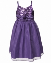 She'll be the center of attention in this sequin flower dress from Princess Faith, a style that's sure to make her smile sparkle. She'll be the center of attention in this sequin flower dress from Princess Faith, a style that's sure to make her smile sparkle.