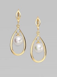 A round pearl dangles from a pretty 18k goldplated teardrop frame. 10mm round white organic man-made pearl 18k goldplated sterling silver Drop, about 1½ Ear wire Imported A round pearl dangles from a pretty 18k goldplated teardrop frame. 10mm round white organic man-made pearl 18k goldplated sterling silver Drop, about 1½ Ear wire Imported