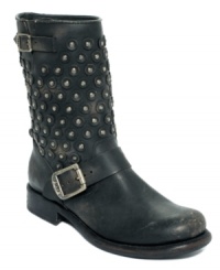 Studding around the shaft of Frye's Jenna Disk booties gives this style some serious shine. Studding around the shaft of Frye's Jenna Disk booties gives this style some serious shine.