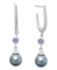 The perfect blend of sparkle and polish. These sterling silver hoop earrings feature round-cut amethyst (1/4 ct. t.w.) and grey shell pearls (8mm). Approximate drop: 3/4 inch. The perfect blend of sparkle and polish. These sterling silver hoop earrings feature round-cut amethyst (1/4 ct. t.w.) and grey shell pearls (8mm). Approximate drop: 3/4 inch.
