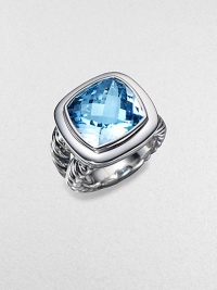 From the Albion Collection. A radiant faceted blue topaz shimmers within a smooth setting and double cable band of sterling silver. Blue topaz Sterling silver About ¾ square Imported From the Albion Collection. A radiant faceted blue topaz shimmers within a smooth setting and double cable band of sterling silver. Blue topaz Sterling silver About ¾ square Imported