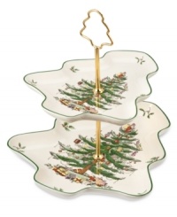 With an historic pattern starring the most cherished symbol of the season, Spode's Christmas Tree 2-tiered tray is a festive gift to holiday entertaining. Featuring a tree-shaped handle and plates for extra cheer. With an historic pattern starring the most cherished symbol of the season, Spode's Christmas Tree 2-tiered tray is a festive gift to holiday entertaining. Featuring a tree-shaped handle and plates for extra cheer.