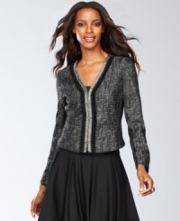 Finish your look with this tweed jacket from INC, decked out with a shimmering beaded placket and neckline. Finish your look with this tweed jacket from INC, decked out with a shimmering beaded placket and neckline.