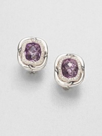 From the Labyrinth Collection. Stunning, faceted amethyst stones surrounded by sparkling diamonds set in sleek sterling silver. AmethystDiamonds, .24 tcwSterling silverSize, about .4Post backImported From the Labyrinth Collection. Stunning, faceted amethyst stones surrounded by sparkling diamonds set in sleek sterling silver. AmethystDiamonds, .24 tcwSterling silverSize, about .4Post backImported