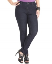 A sleek wash elegantly finishes DKNY Jeans' plus size skinny jeans for a flattering look. A sleek wash elegantly finishes DKNY Jeans' plus size skinny jeans for a flattering look.
