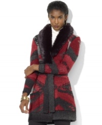 A bold print and luxurious faux-fur collar elevate Lauren Jeans Co.'s soft knit cardigan for the season. A bold print and luxurious faux-fur collar elevate Lauren Jeans Co.'s soft knit cardigan for the season.