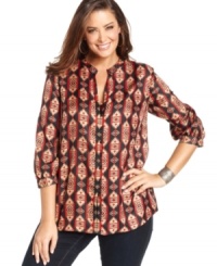 Jazz up your neutral bottoms with Jones New York Signature's printed plus size top. Jazz up your neutral bottoms with Jones New York Signature's printed plus size top.