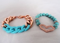 Set of 2 Stretch Blue Beaded Bracelet w/ Heart & Rose Gold Chunky Bracelet Set of 2 Stretch Blue Beaded Bracelet w/ Heart & Rose Gold Chunky Bracelet