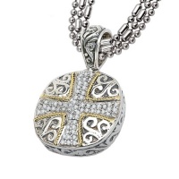 925 Silver & Diamond Round Cross Pendant with 18k Gold Accents (0.26ctw) 925 Silver & Diamond Round Cross Pendant with 18k Gold Accents (0.26ctw)