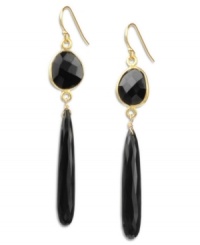 Bold and daring, these dynamic earrings add a pop of jet black color to your look. Earrings are crafted in 18k gold over sterling silver with faceted and teardrop-shaped onyx stones (24-1/2 ct. t.w.). Approximate drop: 2-1/4 inches. Bold and daring, these dynamic earrings add a pop of jet black color to your look. Earrings are crafted in 18k gold over sterling silver with faceted and teardrop-shaped onyx stones (24-1/2 ct. t.w.). Approximate drop: 2-1/4 inches.