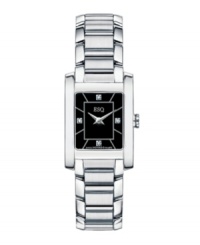 Subtle sophistication - a darling watch from ESQ by Movado. Stainless steel bracelet and rectangular case, 21mm. Black dial features 4 diamond accent markers at three, six, nine and twelve o'clock, two silver-tone hands and logo. Swiss quartz movement. Water resistant to 30 meters. Two-year limited warranty.