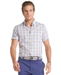Kick-start your weekend wear with this slim-fit plaid Izod shirt designed to make you look good. Kick-start your weekend wear with this slim-fit plaid Izod shirt designed to make you look good.