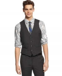 The right way to go grey: this slim-fit charcoal vest from Bar III makes a modern mark. The right way to go grey: this slim-fit charcoal vest from Bar III makes a modern mark.