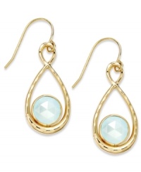 A touch of color livens any look. These stunning 10k gold figure 8 drop earrings feature round-cut medium blue chalcedony stones (3-1/2 ct. t.w.) on french wire. Approximate drop: 1-1/2 inches. A touch of color livens any look. These stunning 10k gold figure 8 drop earrings feature round-cut medium blue chalcedony stones (3-1/2 ct. t.w.) on french wire. Approximate drop: 1-1/2 inches.