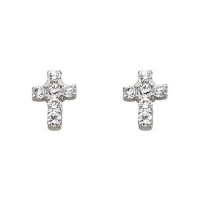 .925 Sterling Silver Rhodium Plated Cross CZ Stud Earrings with Screw-back for Children & Women