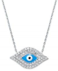 Style and symbolism combine on Studio Silver's chic Evil Eye pendant. Crafted in sterling silver, pendant features sparkling crystal accents and a blue, white and black enamel eye. Approximate length: 18 inches. Approximate drop length: 1/2 inch. Approximate drop width: 3/4 inch.