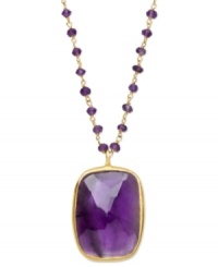 Adorn yourself with the season's hottest hues: jewel tones! This eye-catching pendant features a rectangular-shaped amethyst pendant and an 18k gold over sterling silver setting and chain adorned with amethyst beads (17-1/10 ct. t.w.). Approximate length: 18 inches. Approximate drop: 1-3/16 inches. Adorn yourself with the season's hottest hues: jewel tones! This eye-catching pendant features a rectangular-shaped amethyst pendant and an 18k gold over sterling silver setting and chain adorned with amethyst beads (17-1/10 ct. t.w.). Approximate length: 18 inches. Approximate drop: 1-3/16 inches.