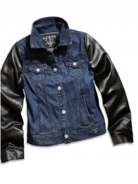 GUESS Kids Girls Big Girl Denim Jacket with Faux-Leather , INDIGO (7/8) GUESS Kids Girls Big Girl Denim Jacket with Faux-Leather , INDIGO (7/8)
