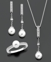 A complete jewelry set with unmeasurable elegance. Pendant, ring and earrings feature round-cut diamond (1/5 ct. t.w.) and cultured freshwater pearl set in sterling silver. Pendant measures approximately 18 inches with a 1-1/4-inch drop. Earrings measure approximately 1-1/4 inches. Ring size 7. A complete jewelry set with unmeasurable elegance. Pendant, ring and earrings feature round-cut diamond (1/5 ct. t.w.) and cultured freshwater pearl set in sterling silver. Pendant measures approximately 18 inches with a 1-1/4-inch drop. Earrings measure approximately 1-1/4 inches. Ring size 7.
