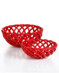 Break bread with woven red baskets from Tabletops Unlimited's collection of serveware and serving dishes. Rolls, garlic knots and toasty baguettes stay warm at your table in oven-safe earthenware. Break bread with woven red baskets from Tabletops Unlimited's collection of serveware and serving dishes. Rolls, garlic knots and toasty baguettes stay warm at your table in oven-safe earthenware.
