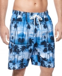 Expand your sun style with these laid-back printed swim trunks from Newport Blue. Expand your sun style with these laid-back printed swim trunks from Newport Blue.