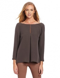 HALSTON HERITAGE Women's Long Sleeve Boatneck Top with Front Slit and Draped Back, Lead, 12