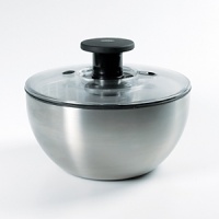 The Stainless Steel Salad Spinner by OXO is a study in elegant form and function: press the soft pump to start the basket spinning, press the brake button and the basket comes to a stop for east unloading. A clear, see-through lid disassembles for easy cleaning and the non-slip base keeps the bowl in place on countertops. The Stainless Steel Salad Spinner by OXO is a study in elegant form and function: press the soft pump to start the basket spinning, press the brake button and the basket comes to a stop for east unloading. A clear, see-through lid disassembles for easy cleaning and the non-slip base keeps the bowl in place on countertops.